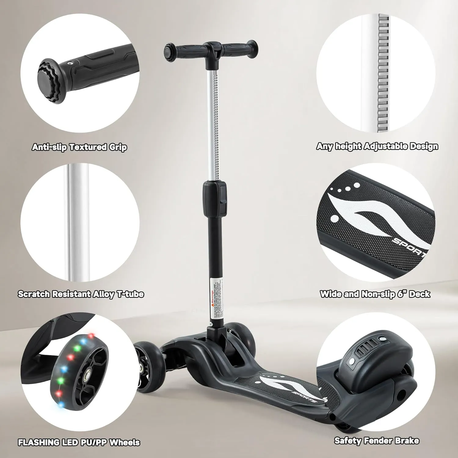 Kick Scooter Adjustable Height Adjustable Handlebar，Kids Scooter 3 Wheel with LED Lights，Suitable Kids Ages 2，Ages 6，Ages 8，Extra Wide Deck for Boys and Girls