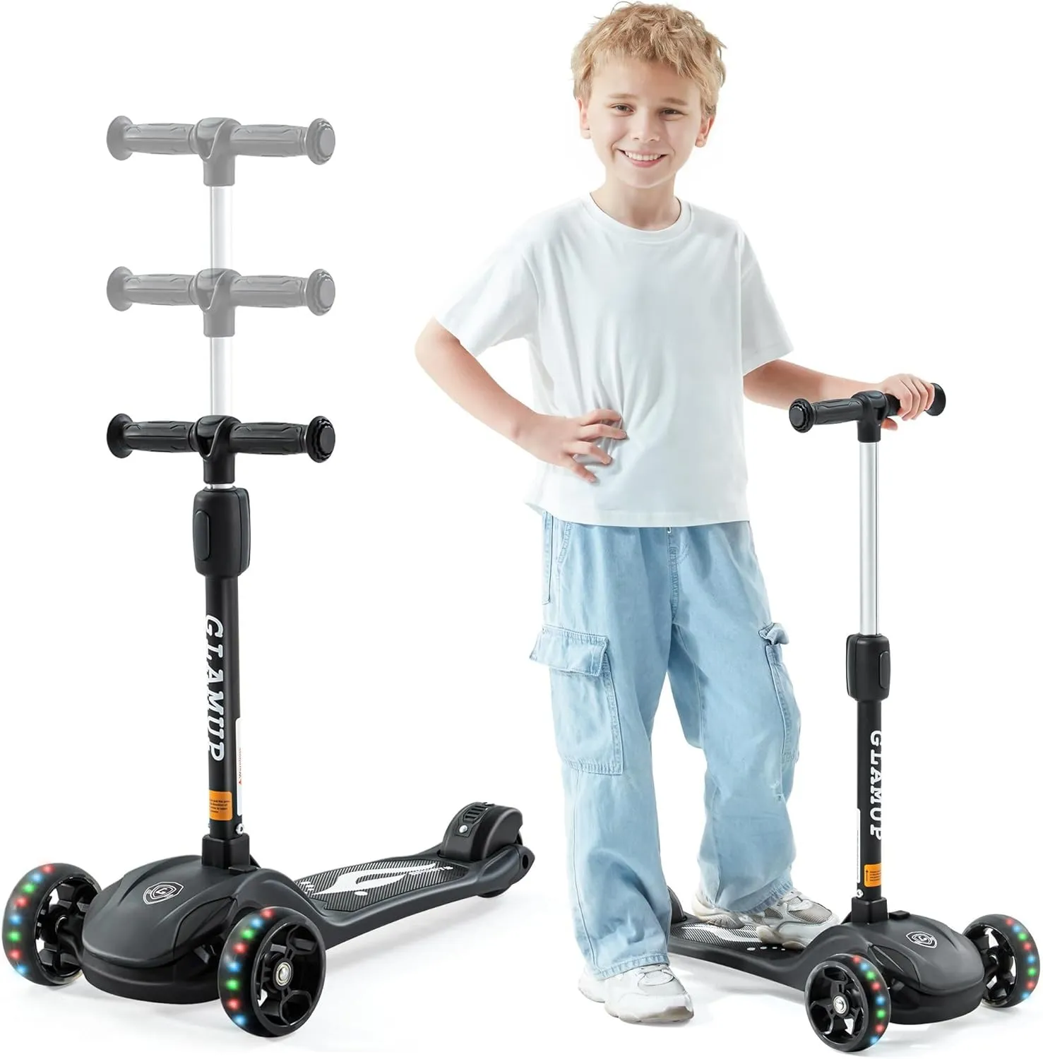 Kick Scooter Adjustable Height Adjustable Handlebar，Kids Scooter 3 Wheel with LED Lights，Suitable Kids Ages 2，Ages 6，Ages 8，Extra Wide Deck for Boys and Girls