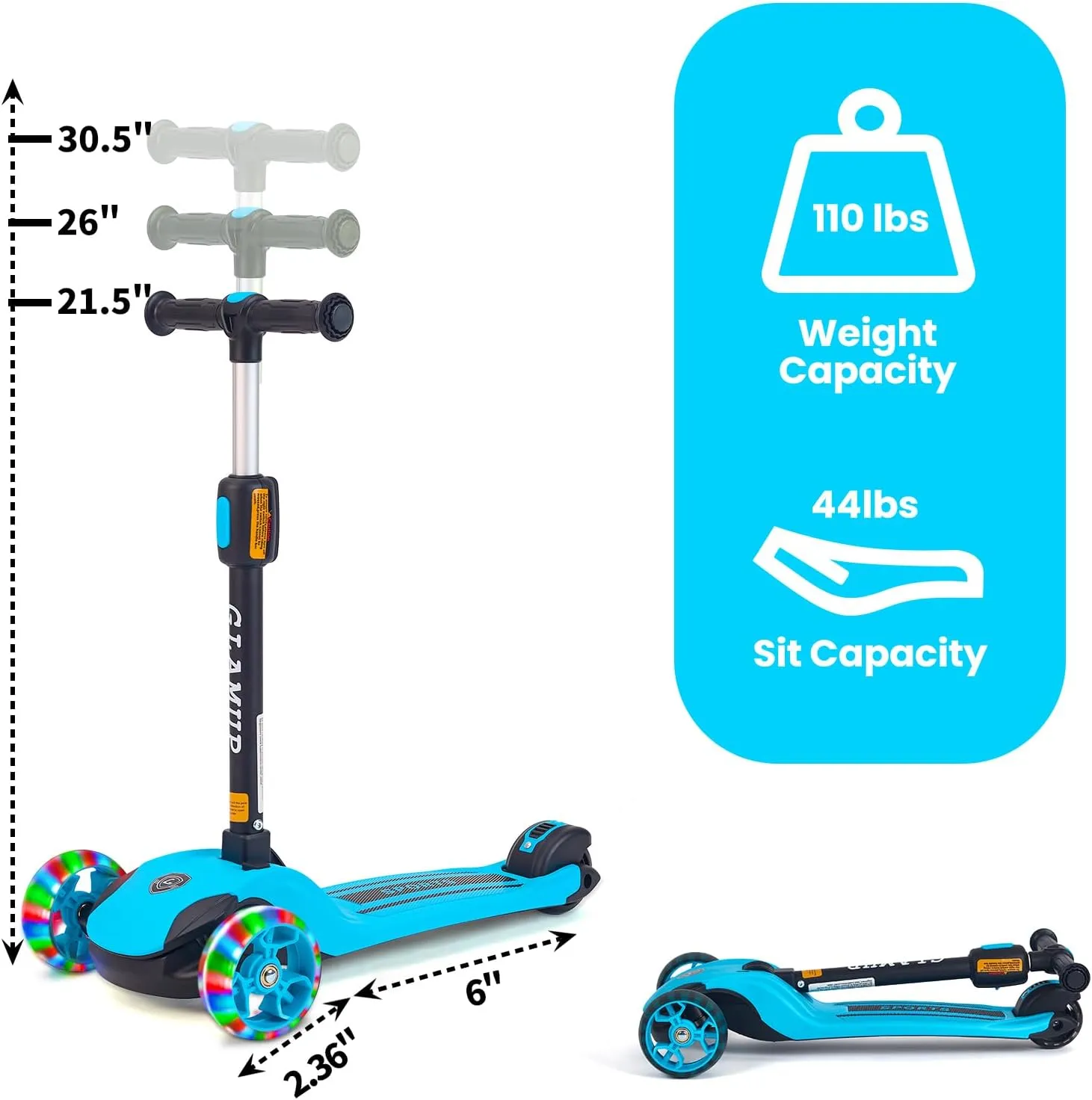 Kick Scooter Adjustable Height Adjustable Handlebar，Kids Scooter 3 Wheel with LED Lights，Suitable Kids Ages 2，Ages 6，Ages 8，Extra Wide Deck for Boys and Girls