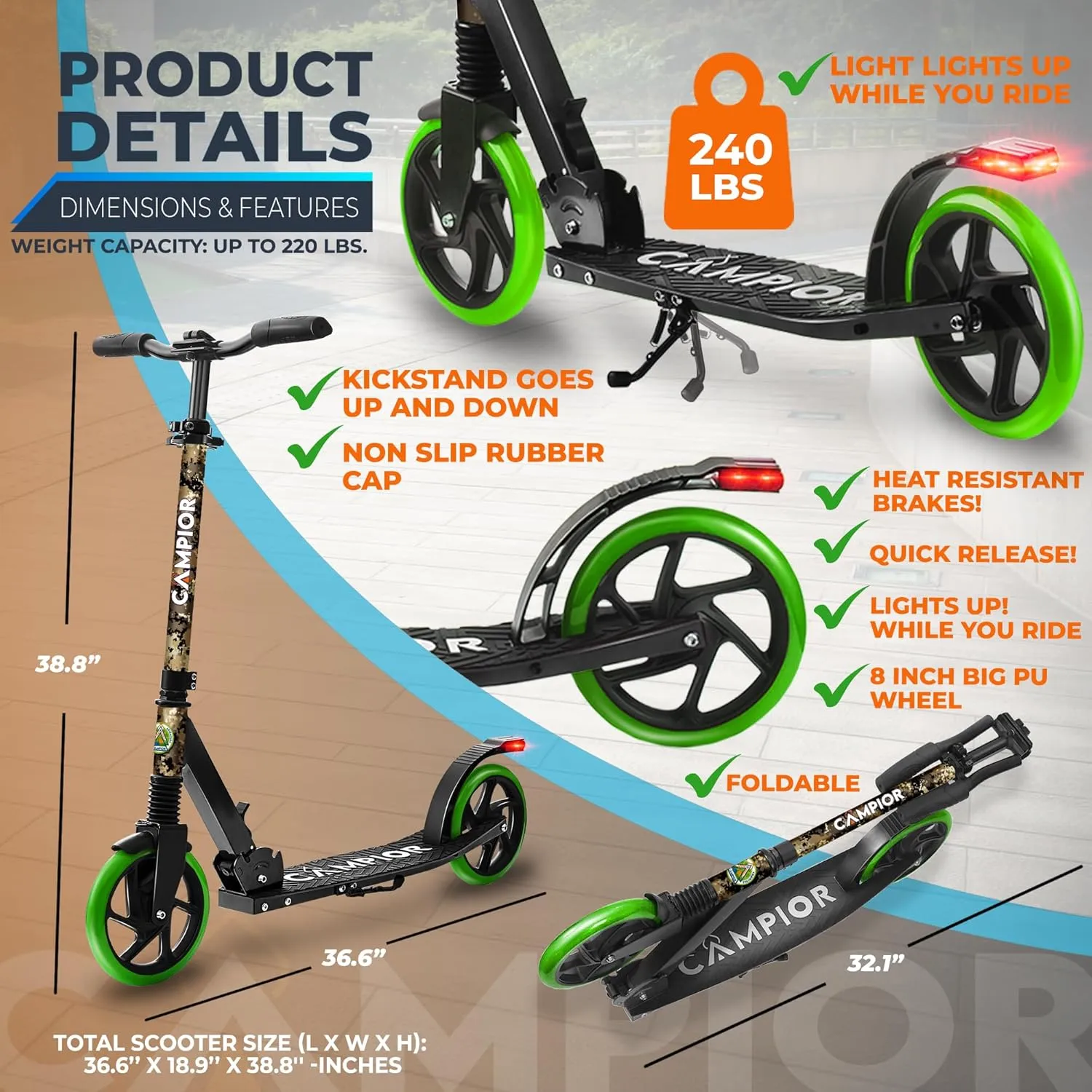 Kick Scooter for Ages 6 , for Kids, Teens, and Adults, Max Load 240 LBS, Foldable, 8-inch Big Wheels for Kids and Adults, with Kickstand, 3 Adjustable Levels, Child Safety Approved, Graffiti