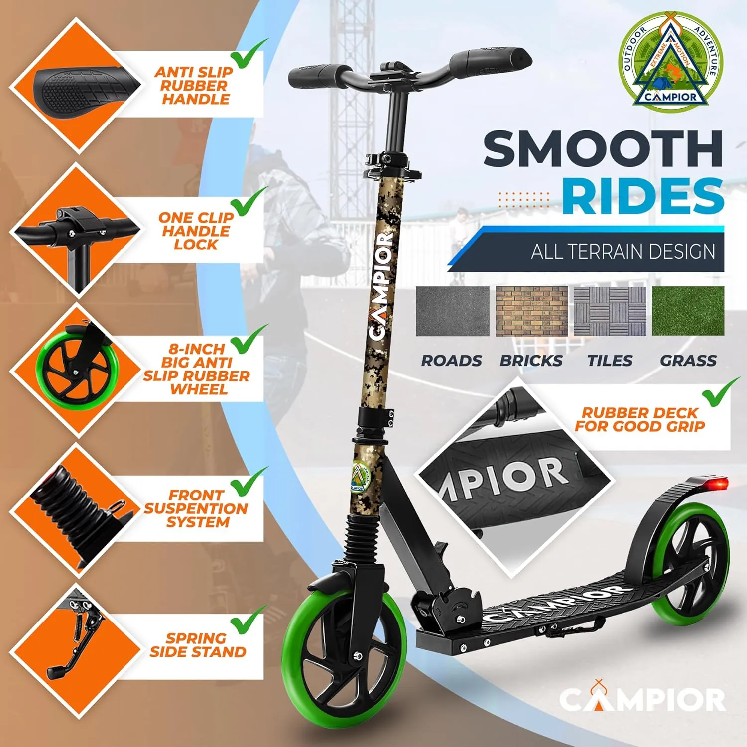Kick Scooter for Ages 6 , for Kids, Teens, and Adults, Max Load 240 LBS, Foldable, 8-inch Big Wheels for Kids and Adults, with Kickstand, 3 Adjustable Levels, Child Safety Approved, Graffiti