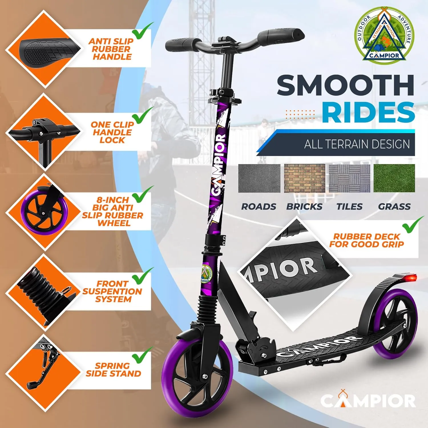 Kick Scooter for Ages 6 , for Kids, Teens, and Adults, Max Load 240 LBS, Foldable, 8-inch Big Wheels for Kids and Adults, with Kickstand, 3 Adjustable Levels, Child Safety Approved, Purple