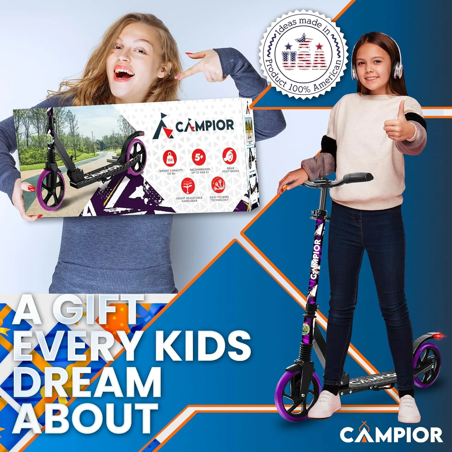 Kick Scooter for Ages 6 , for Kids, Teens, and Adults, Max Load 240 LBS, Foldable, 8-inch Big Wheels for Kids and Adults, with Kickstand, 3 Adjustable Levels, Child Safety Approved, Purple