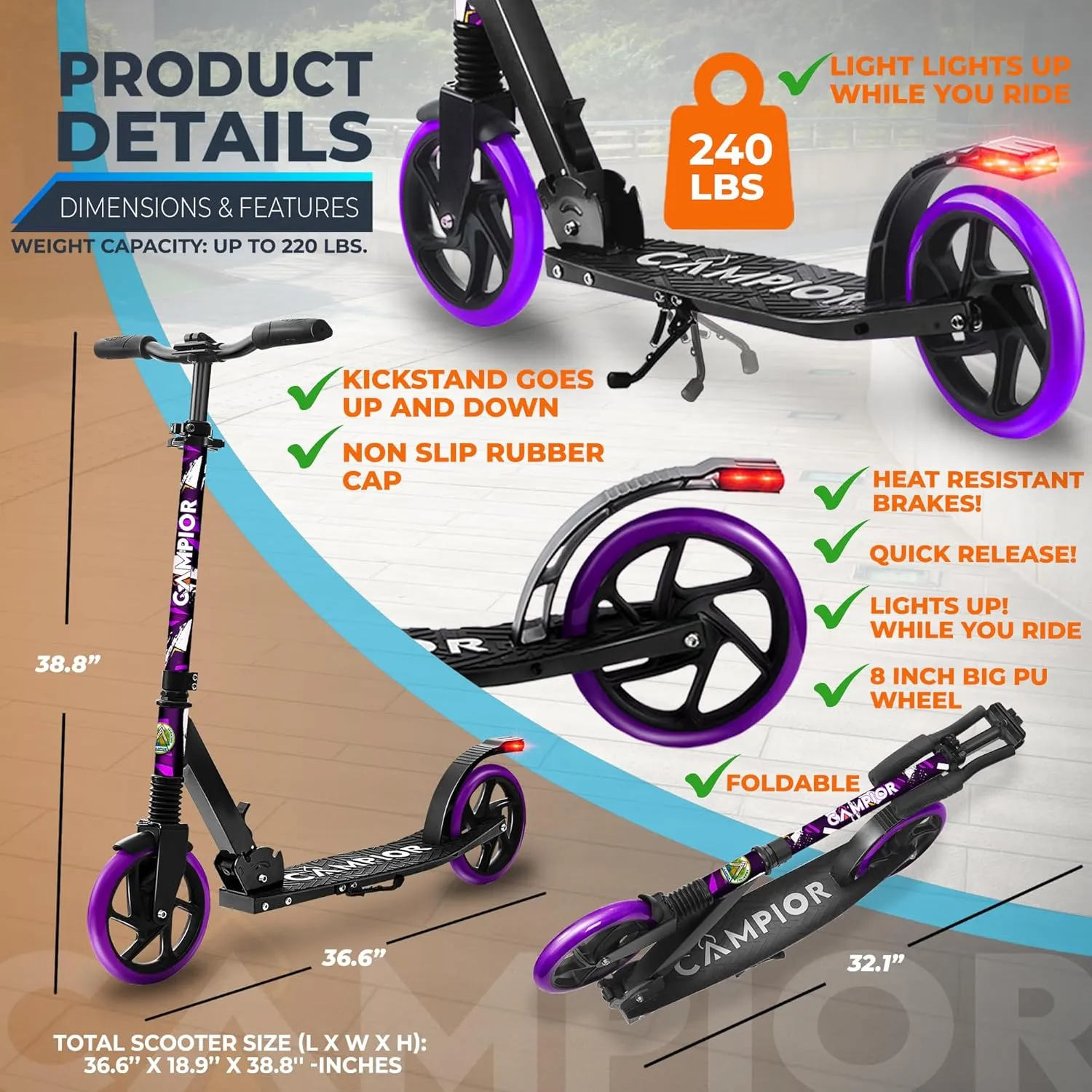 Kick Scooter for Ages 6 , for Kids, Teens, and Adults, Max Load 240 LBS, Foldable, 8-inch Big Wheels for Kids and Adults, with Kickstand, 3 Adjustable Levels, Child Safety Approved, Purple