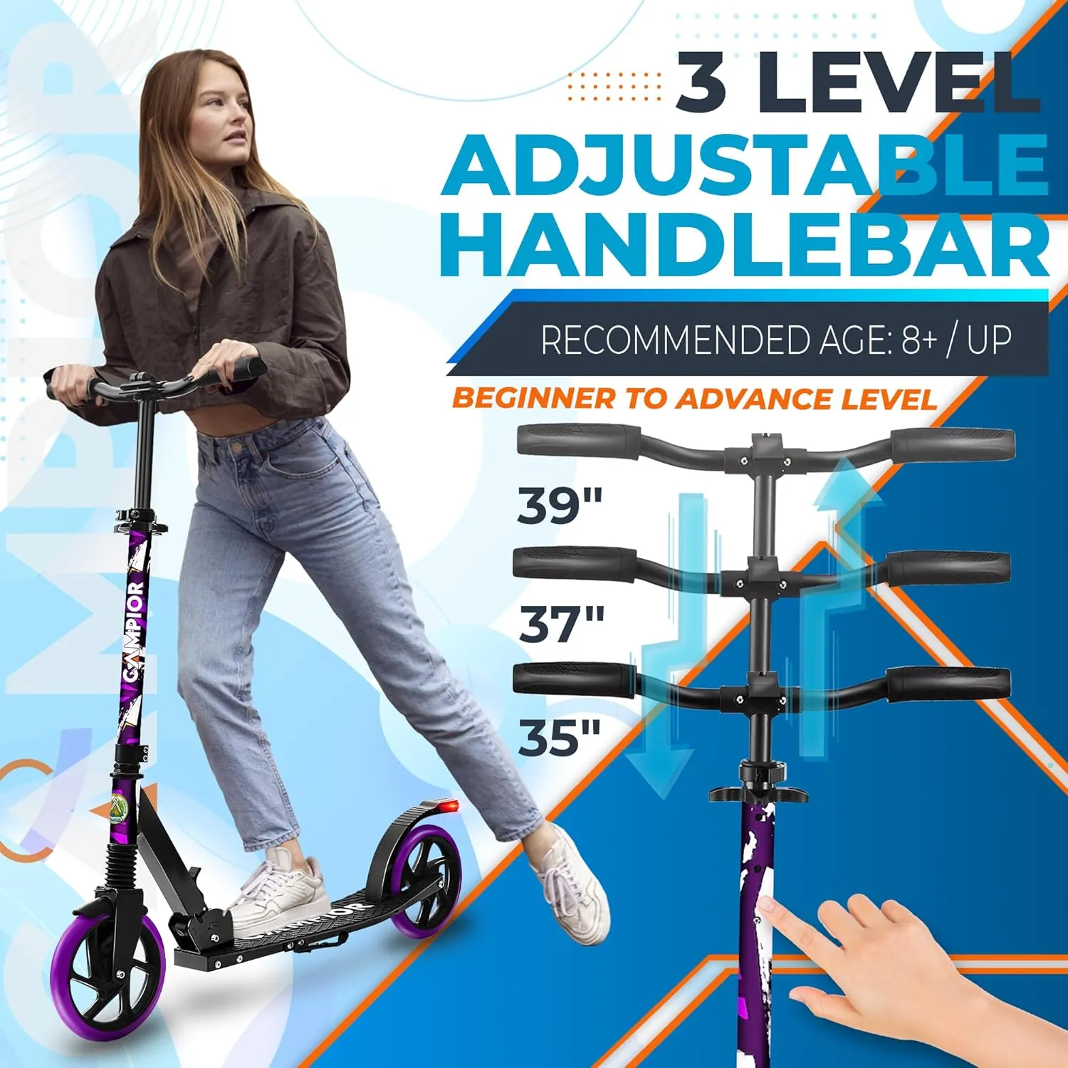 Kick Scooter for Ages 6 , for Kids, Teens, and Adults, Max Load 240 LBS, Foldable, 8-inch Big Wheels for Kids and Adults, with Kickstand, 3 Adjustable Levels, Child Safety Approved, Purple