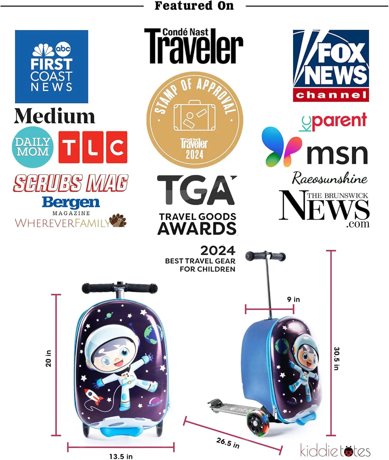 KIDDIETOTES 3-D Hardshell Luggage Scooter for Kids - Lightweight Rideable Luggage for kids - Fits in Overhead Bins - LED Light Up Wheels