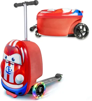 Kiddietotes 3-D Hardside Scooter Ride On Suitcase for Kids - Cute Lightweight Kids Luggage with Wheels - Fun LED Lights
