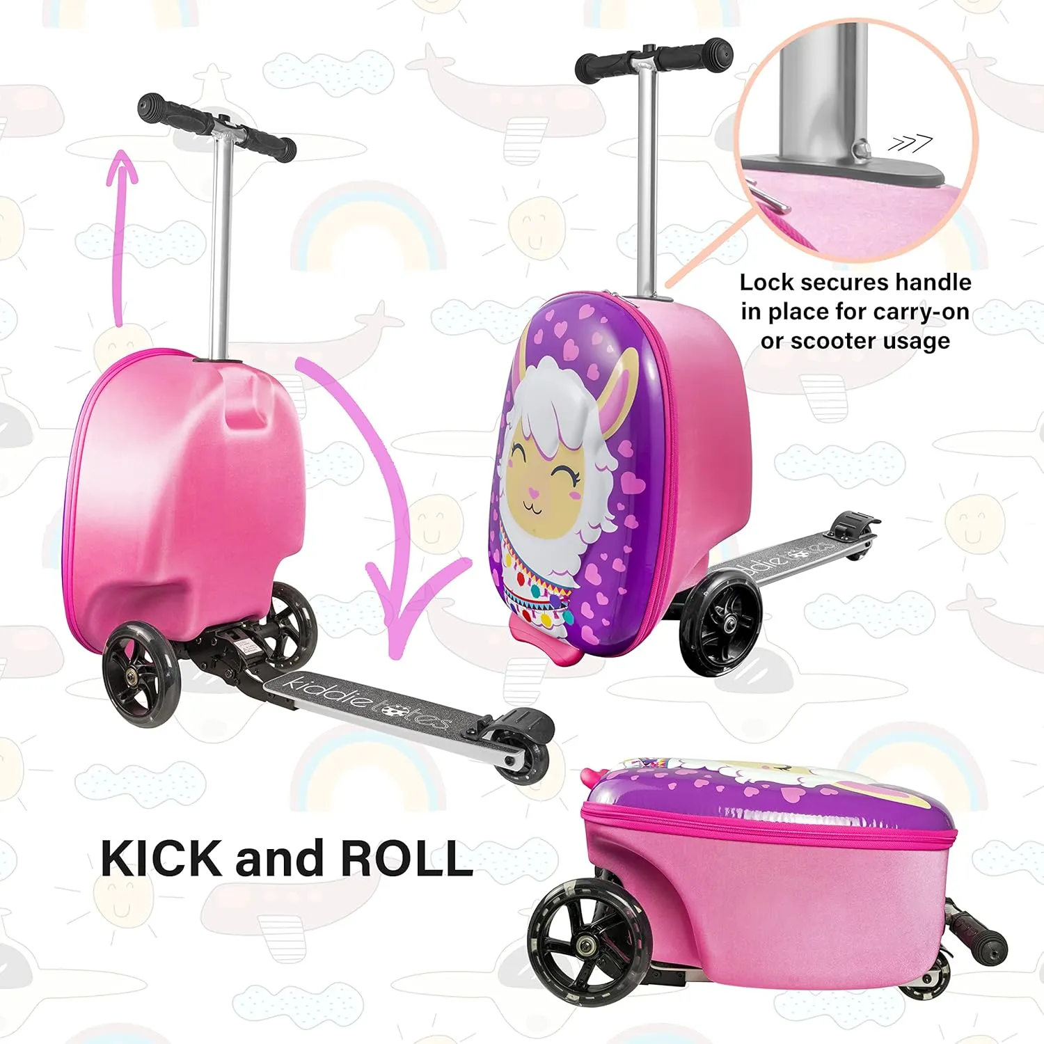 KIDDIETOTES 3D Hardshell Ride On Kids Scooter Suitcase - TSA Approved Carry On Scooter Luggage with LED Light Up Wheels