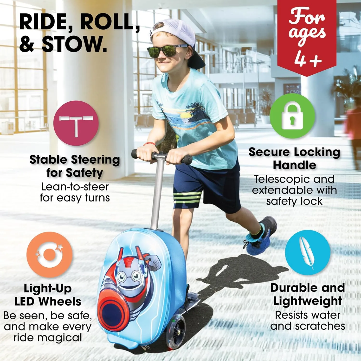 KIDDIETOTES Hardshell Kids Suitcase Scooter - Airline Approved Suitcase with Scooter - Foldable with LED Light-Up Wheels