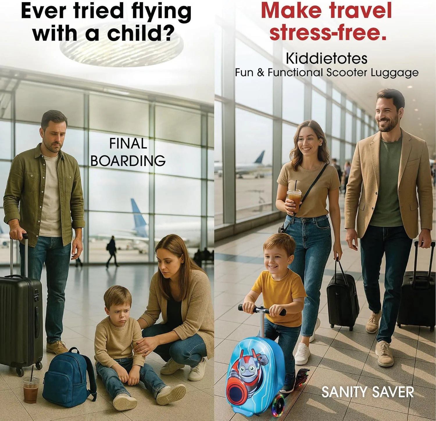 KIDDIETOTES Hardshell Kids Suitcase Scooter - Airline Approved Suitcase with Scooter - Foldable with LED Light-Up Wheels