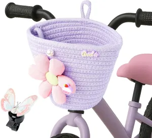Kids Bike Basket, Bicycle Baskets for Girls, Toddler Bike Basket with Bike Bell, Bike Accessories Set, Bike Handlebar Bag Woven with Sisal Rope, Cute Basket for Kids Bikes Scooters