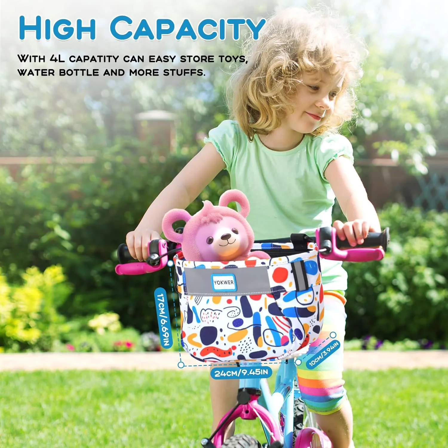 Kids Bike Basket Front for Boys Girls, Waterproof Bicycle Front Basket Handlebar Bag with Reflective Safety Straps, Easy to Install Kids Bike Scooter Accessories