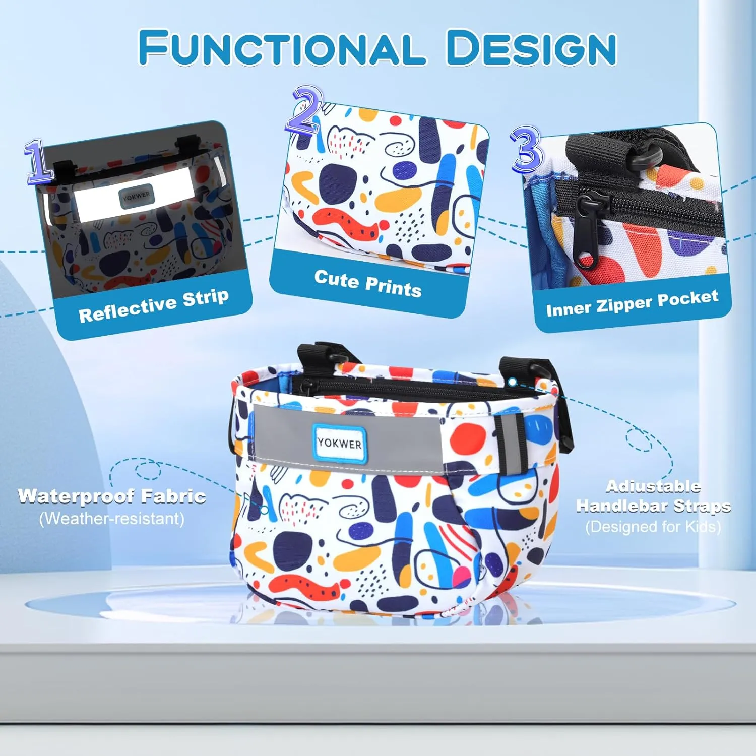 Kids Bike Basket Front for Boys Girls, Waterproof Bicycle Front Basket Handlebar Bag with Reflective Safety Straps, Easy to Install Kids Bike Scooter Accessories