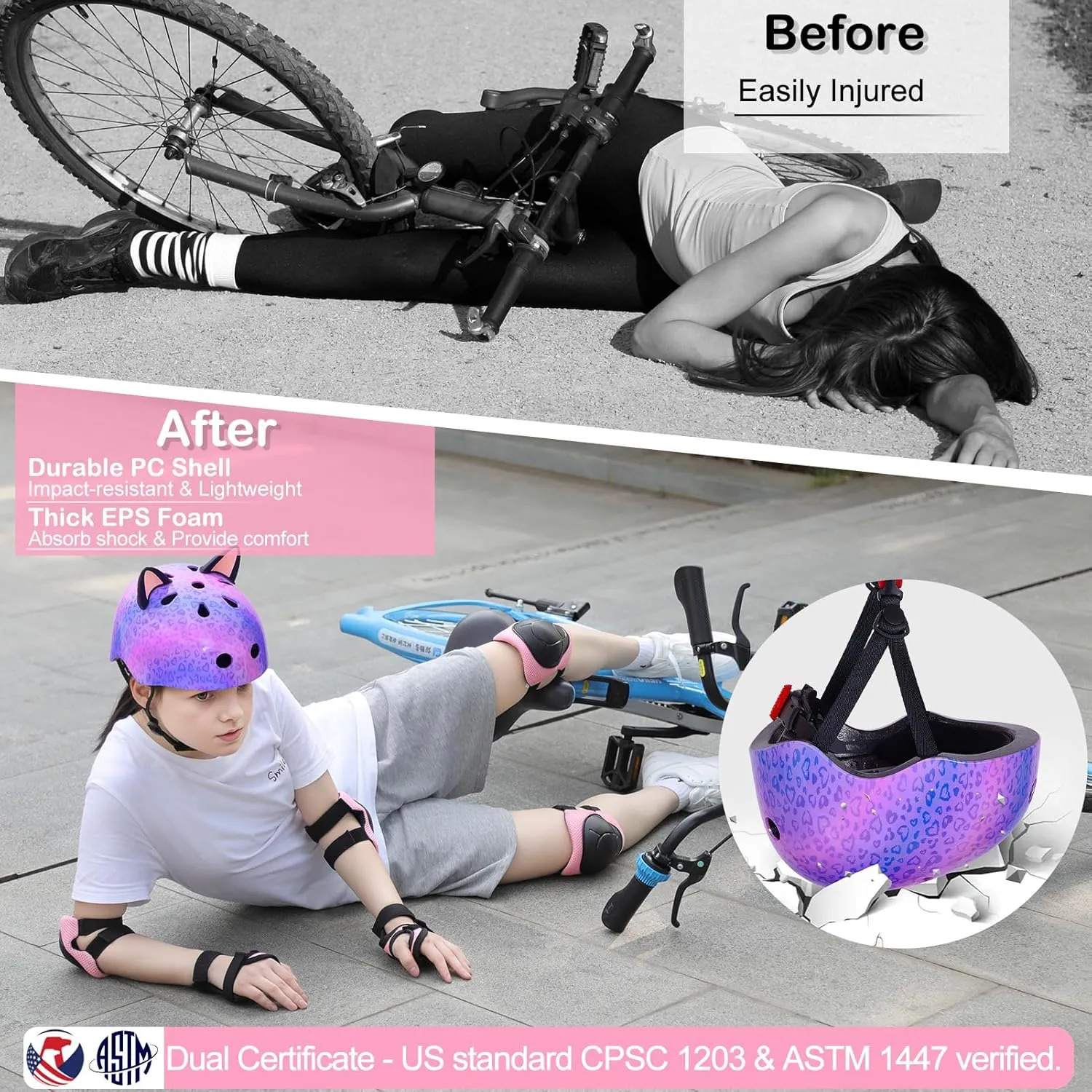 Kids Helmet, Bike Helmets for Kids 8-14 with Knee Pads and Elbow Pads Wrist Guards, Adjustable Youth Girls Bike Helmet with DIY Cat Ears Skateboard Helmet for Scooter Skating Cycling