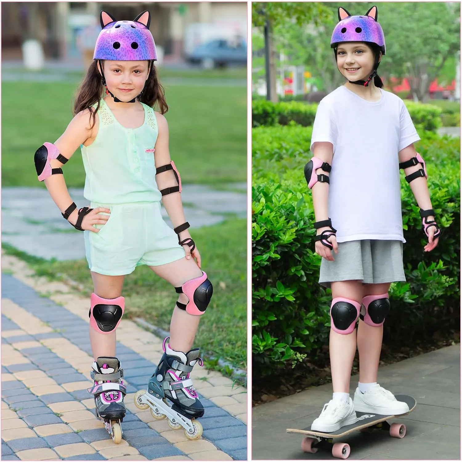 Kids Helmet, Bike Helmets for Kids 8-14 with Knee Pads and Elbow Pads Wrist Guards, Adjustable Youth Girls Bike Helmet with DIY Cat Ears Skateboard Helmet for Scooter Skating Cycling