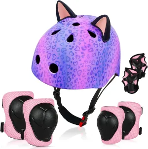 Kids Helmet, Bike Helmets for Kids 8-14 with Knee Pads and Elbow Pads Wrist Guards, Adjustable Youth Girls Bike Helmet with DIY Cat Ears Skateboard Helmet for Scooter Skating Cycling