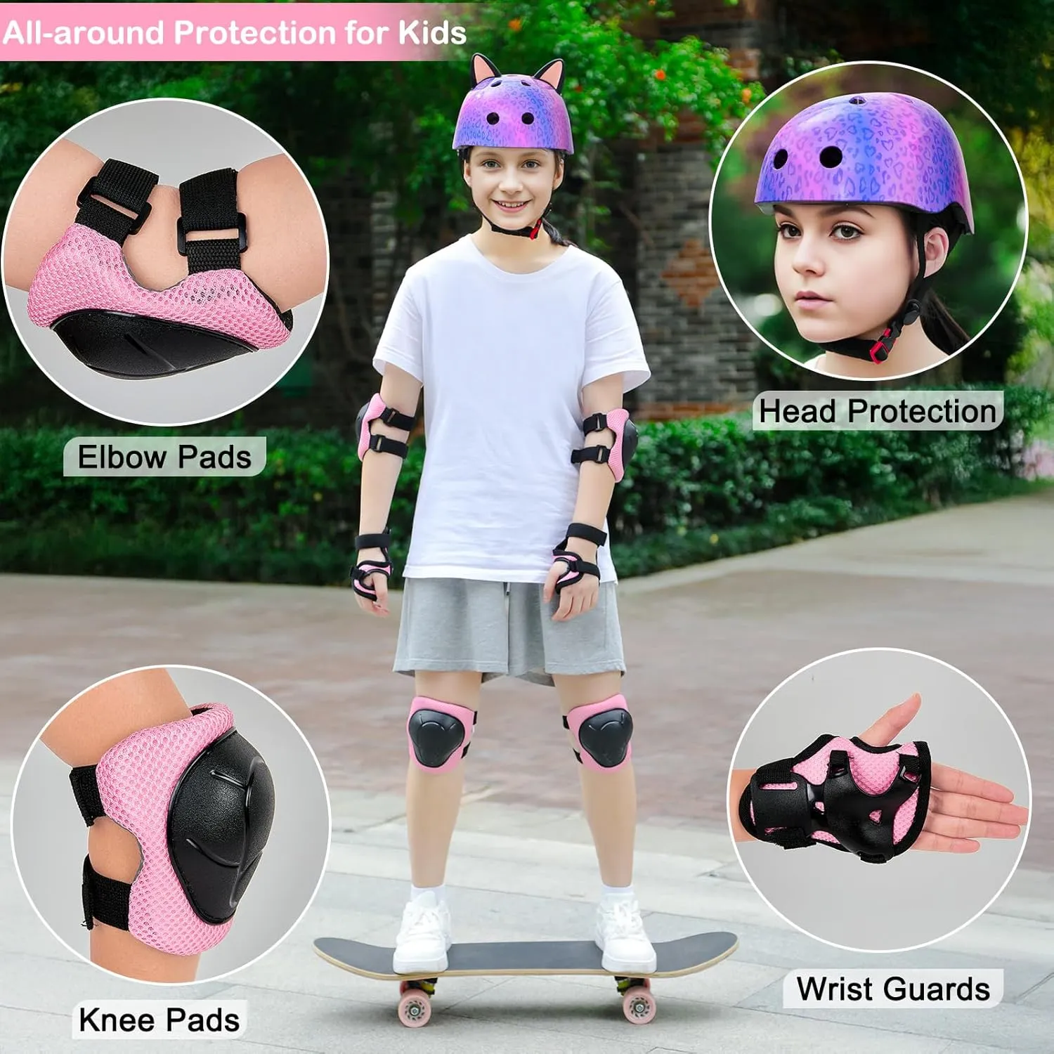 Kids Helmet, Bike Helmets for Kids 8-14 with Knee Pads and Elbow Pads Wrist Guards, Adjustable Youth Girls Bike Helmet with DIY Cat Ears Skateboard Helmet for Scooter Skating Cycling