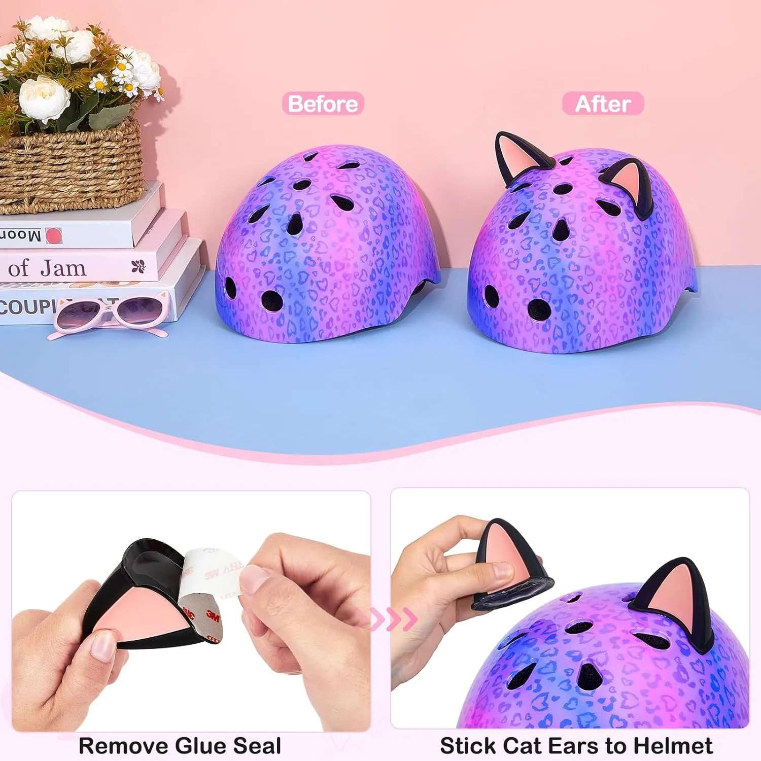 Kids Helmet, Bike Helmets for Kids 8-14 with Knee Pads and Elbow Pads Wrist Guards, Adjustable Youth Girls Bike Helmet with DIY Cat Ears Skateboard Helmet for Scooter Skating Cycling