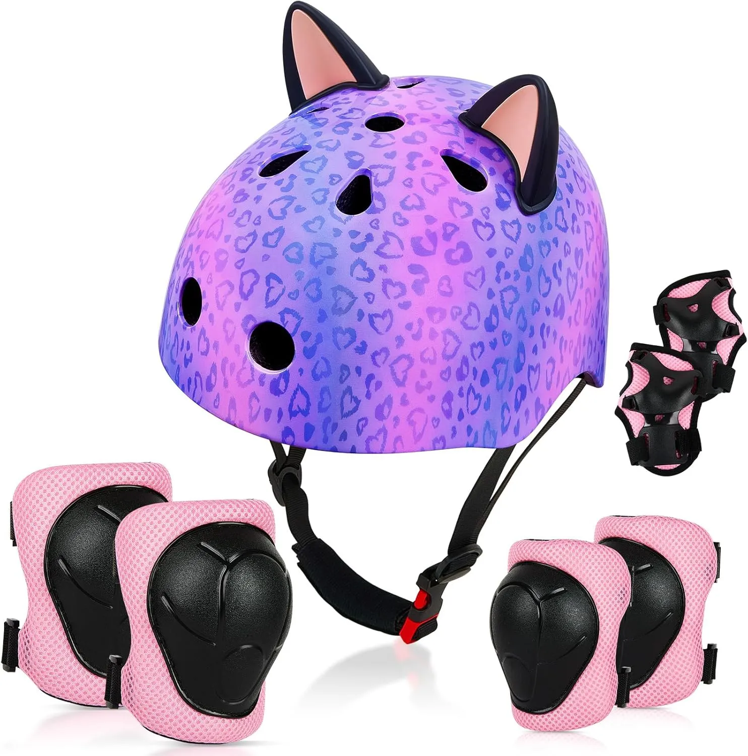Kids Helmet, Bike Helmets for Kids 8-14 with Knee Pads and Elbow Pads Wrist Guards, Adjustable Youth Girls Bike Helmet with DIY Cat Ears Skateboard Helmet for Scooter Skating Cycling