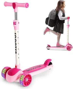 Kids Kick Scooter, Scooter for Kids Ages 3-12, 3 Wheel Scooter with Adjustable Height Handlebars, Folding Kids Scooter with LED Light Wheels and Anti-Slip Deck, for Boys & Girls up to 110 Lbs