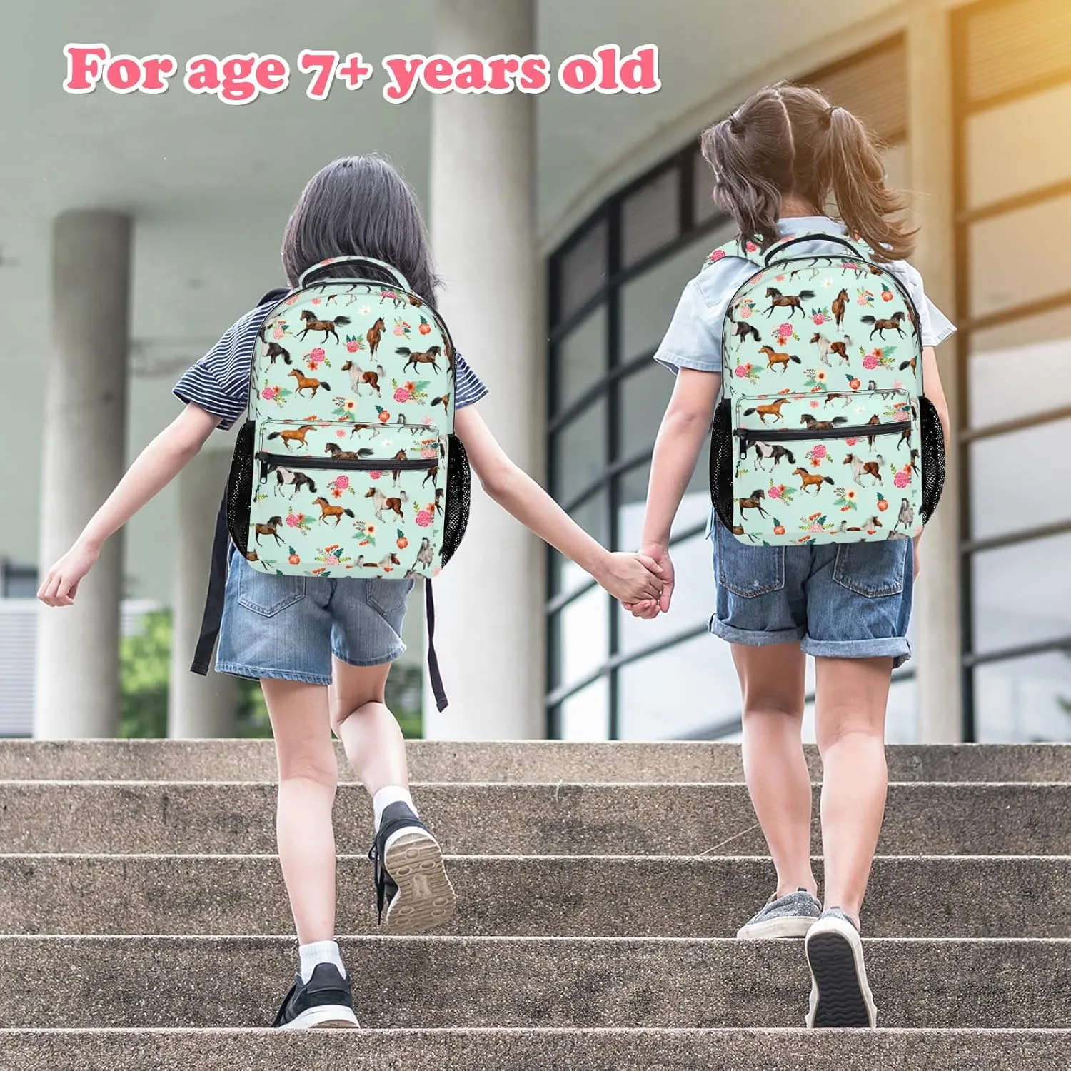 Kids School Backpack Horse Backpack for Girls Boys Waterproof Large School bag 17 Inch Middle School Travel Bookbag Back to School Gifts, Green