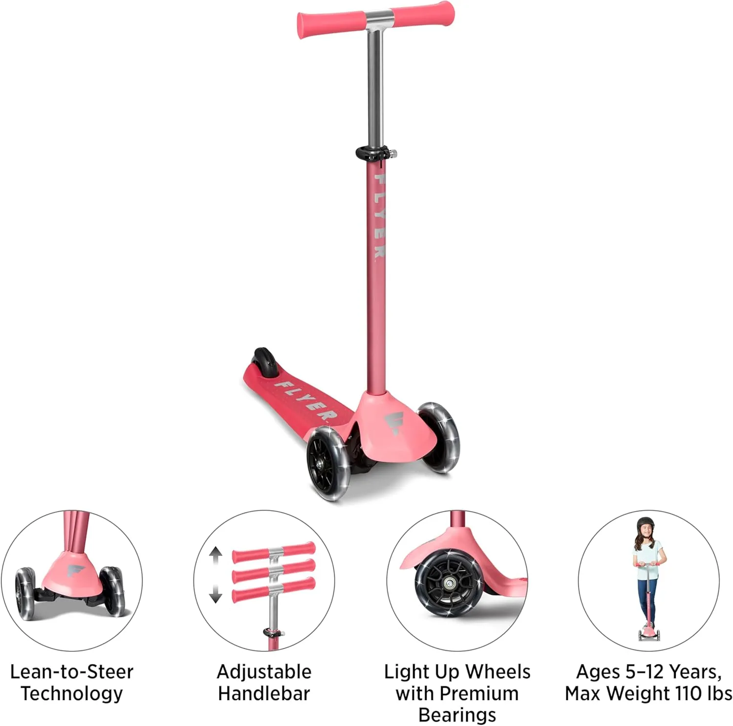 Kids Scooter, 3 Wheel Scooter, Flyer Glider Pro with Light Up Wheels, Pink, Radio Flyer Ride On Toys for Kids 5-12 Years Old, for Outdoor Riding