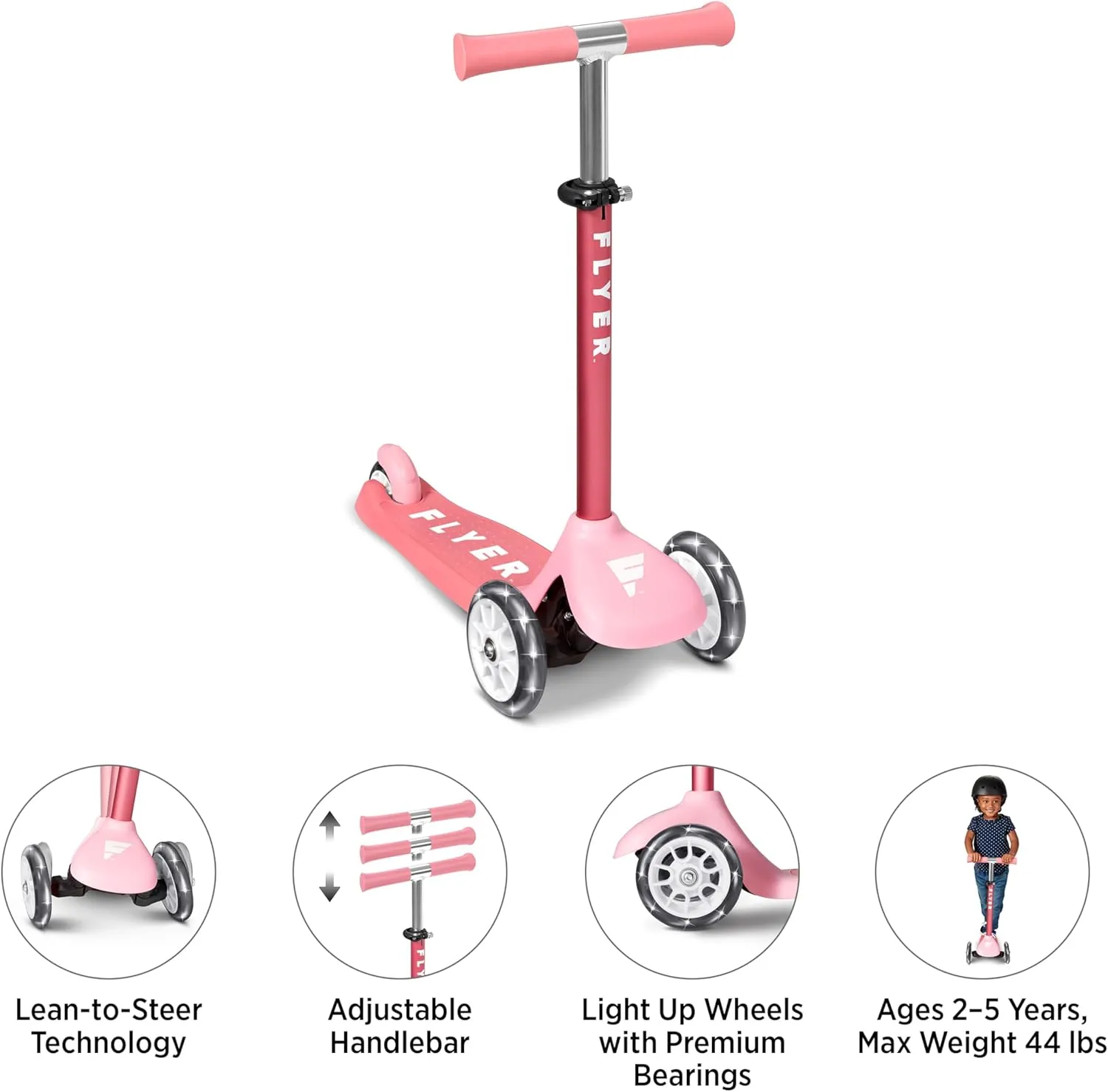Kids Scooter, Toddler Scooter, Flyer Glider Jr. with Light Up Wheels, Pink, Radio Flyer Ride On Toys for Kids 2-5 Years Old, for Outdoor Riding