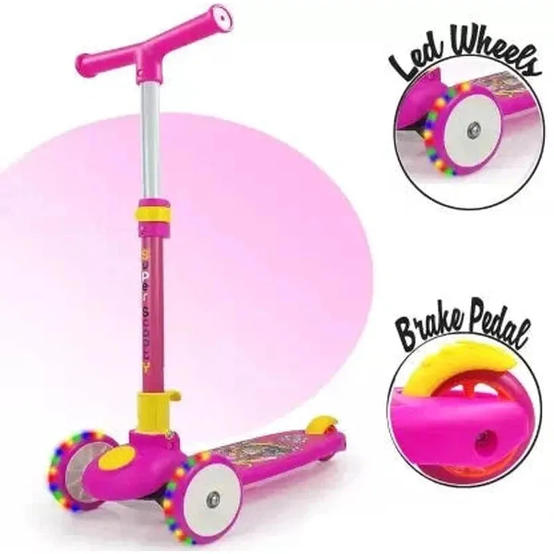 Kids Scooter With Led| Height Adjustment| Foldable| Brakes (Pink) | COD not Available