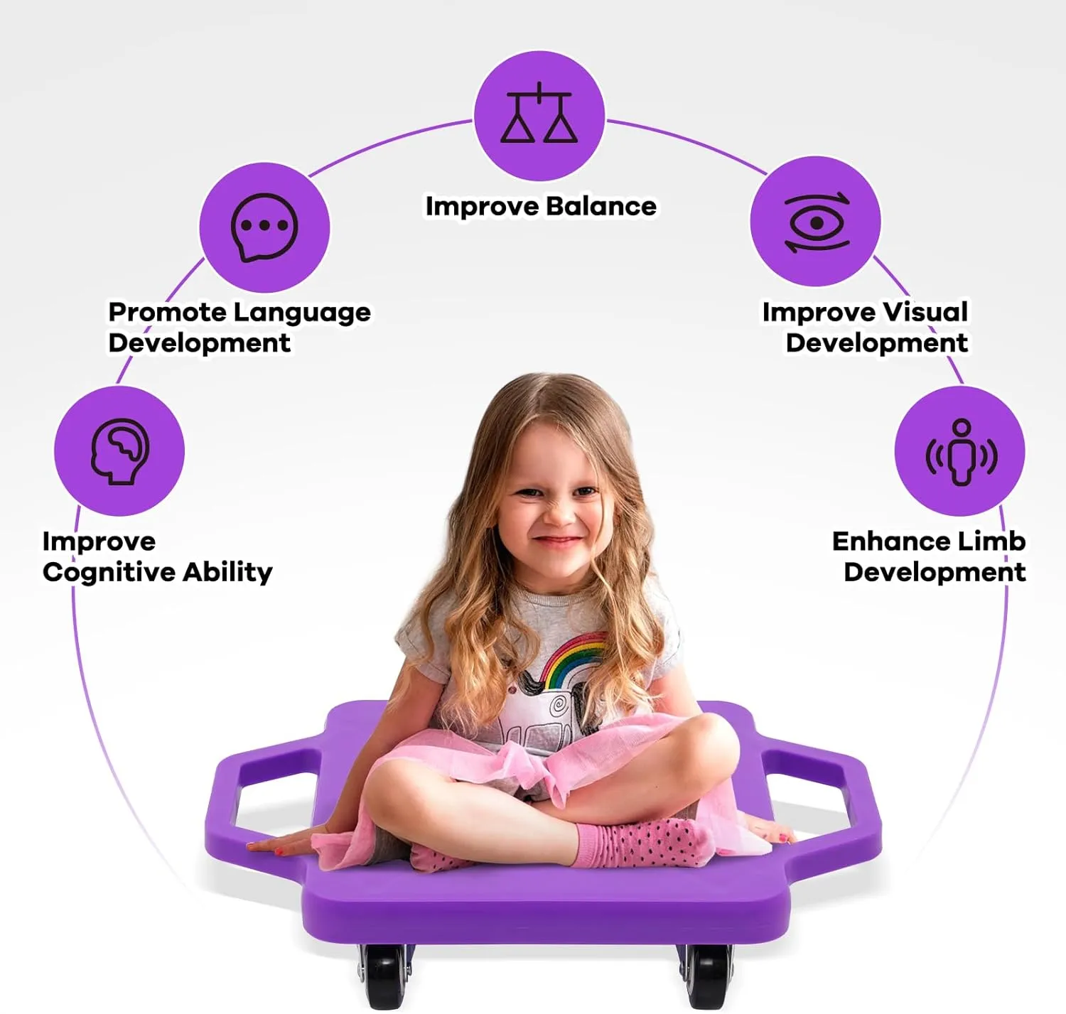 Kids Sitting Board with Universal Wheels - Safety Plastic Scooter for Kids Ages 6-12 - Manual Sport Scooter with Handles for Gym Class