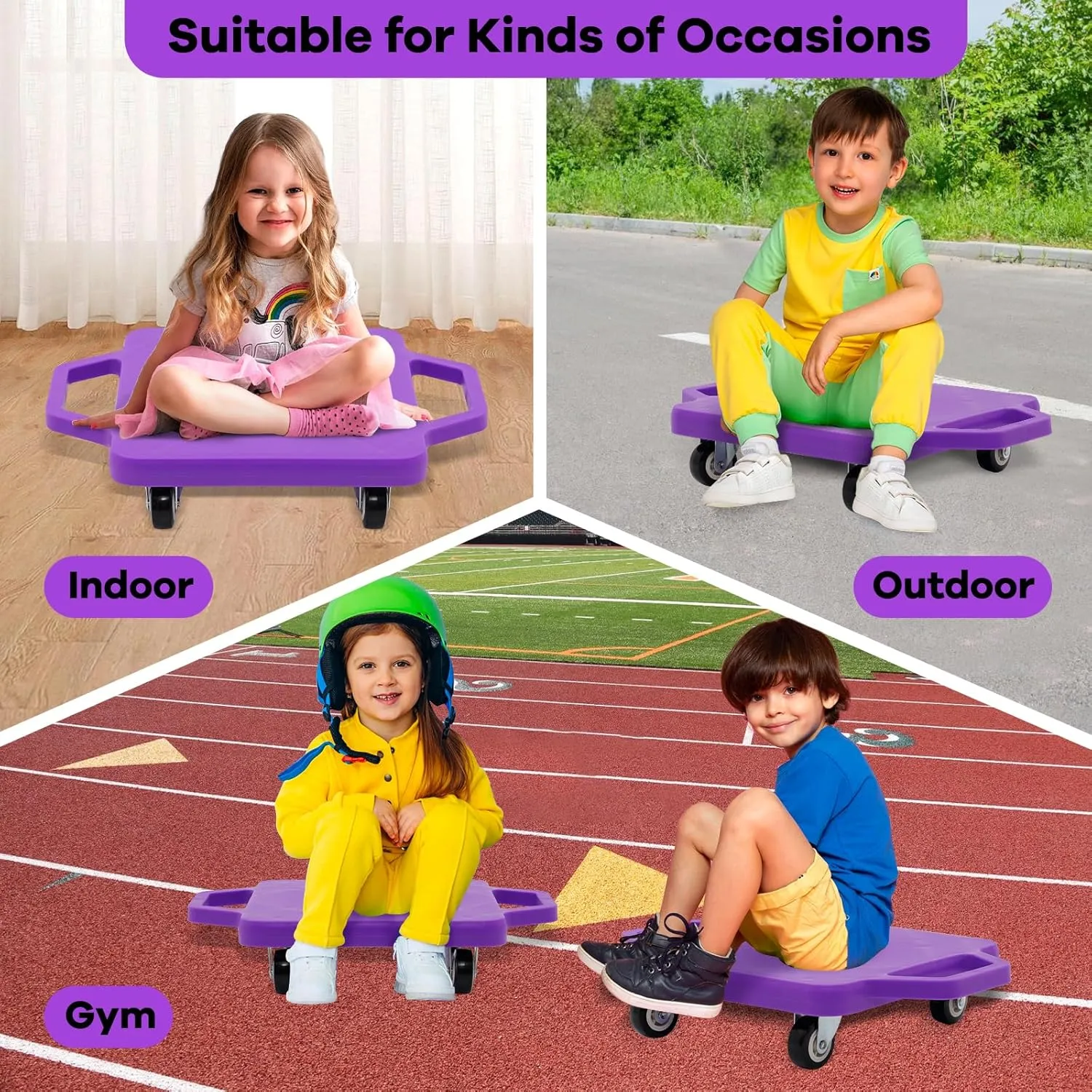 Kids Sitting Board with Universal Wheels - Safety Plastic Scooter for Kids Ages 6-12 - Manual Sport Scooter with Handles for Gym Class