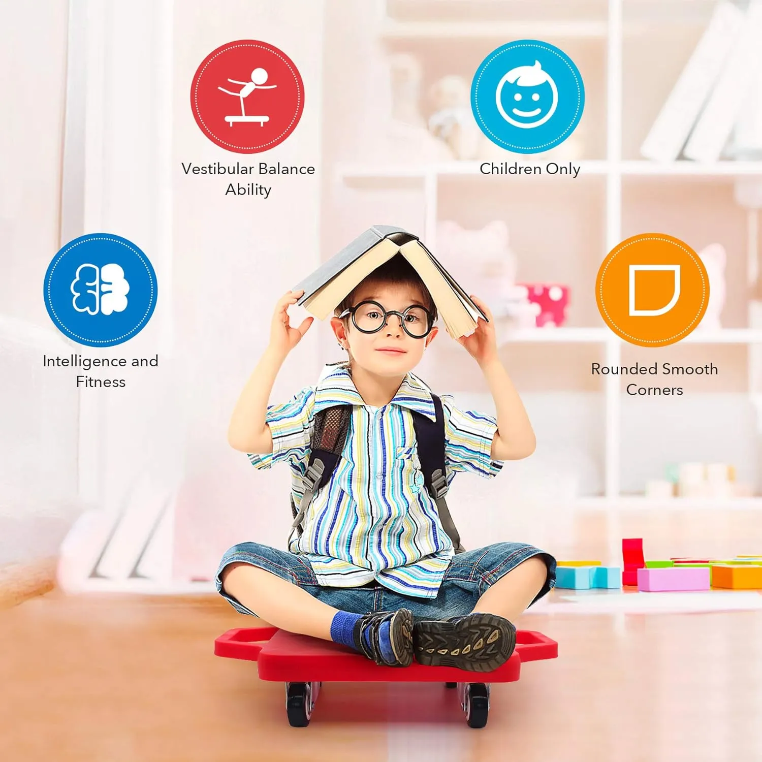 Kids Sitting Board with Universal Wheels - Safety Plastic Scooter for Kids Ages 6-12 - Manual Sport Scooter with Handles for Gym Class