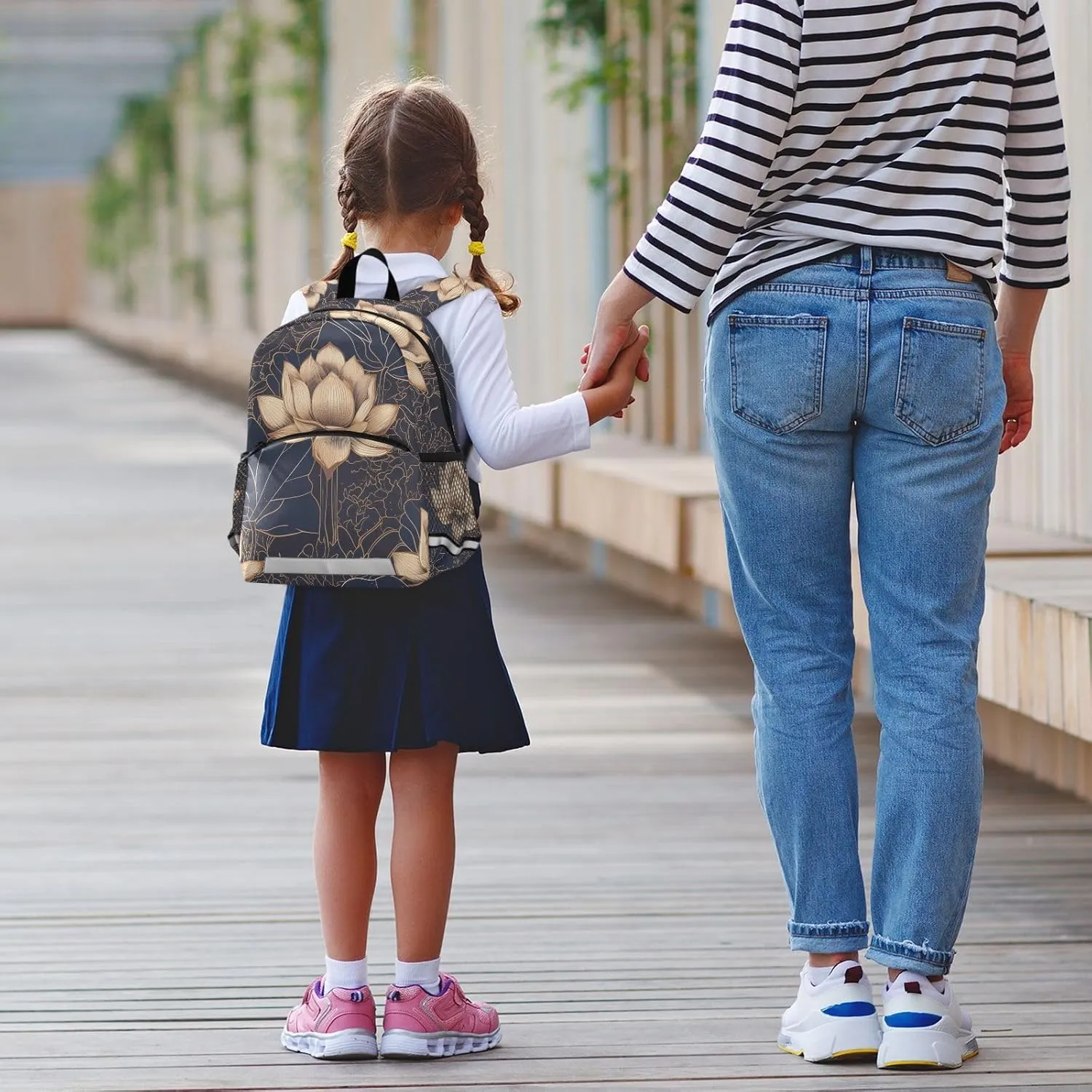 KLL Elementary Backpack for Girls, Luxurious Gold flower Flowers, Waterproof Schoolbag with Reflective Strips Cute Travel