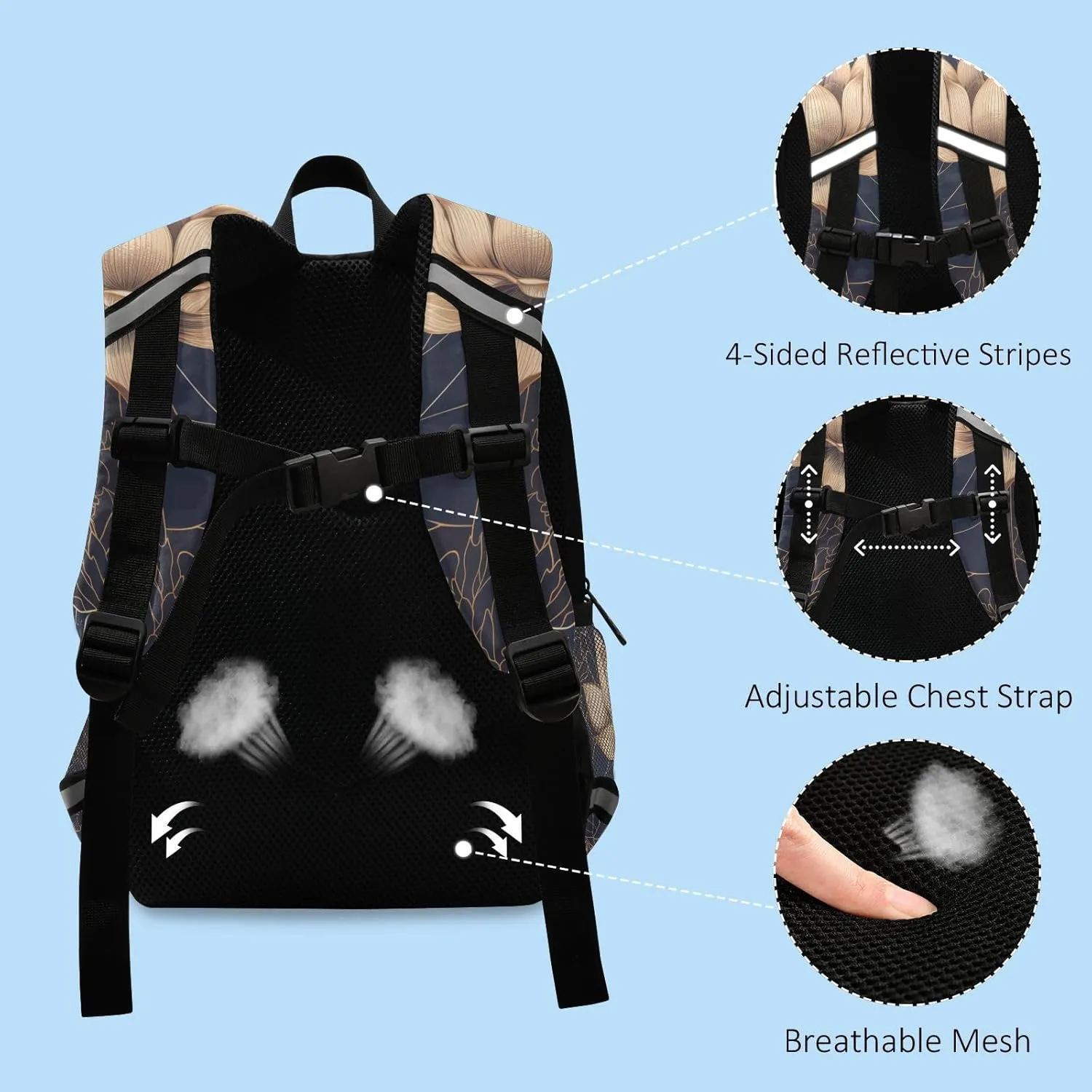 KLL Elementary Backpack for Girls, Luxurious Gold flower Flowers, Waterproof Schoolbag with Reflective Strips Cute Travel