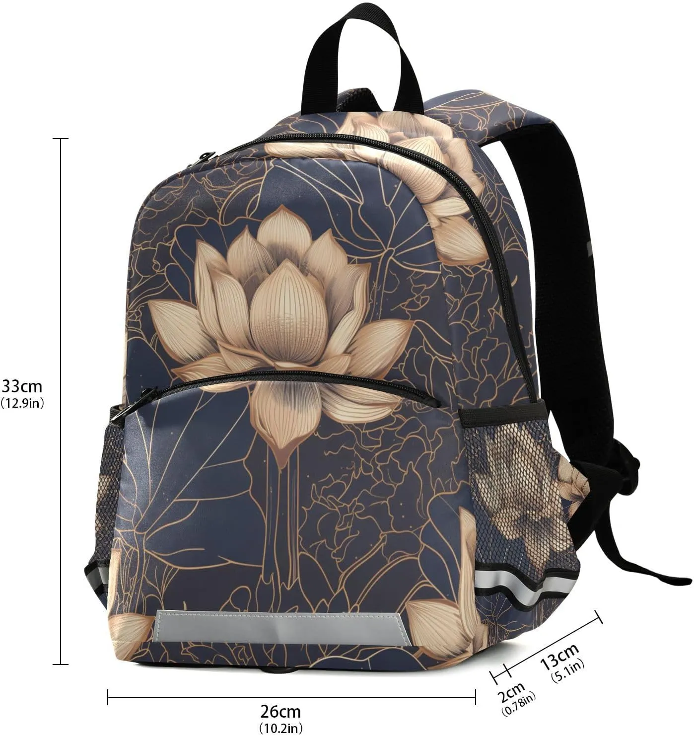 KLL Elementary Backpack for Girls, Luxurious Gold flower Flowers, Waterproof Schoolbag with Reflective Strips Cute Travel