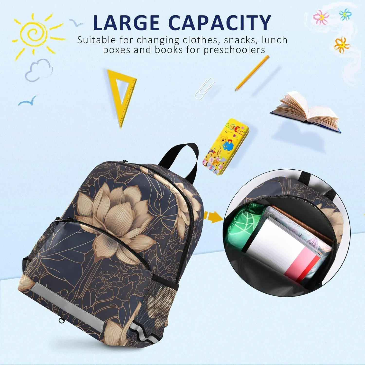 KLL Elementary Backpack for Girls, Luxurious Gold flower Flowers, Waterproof Schoolbag with Reflective Strips Cute Travel