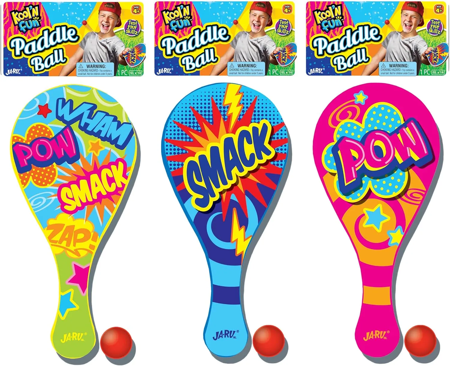 Kool N' Fun Plastic Paddle Ball w/ String Attached (6 Paddles) by JARU. Classic Retro Toys for Kids & Adults, Boy & Girl. Indoor Game and Outdoor Set Toys. Party Favors Birthday Easter Prizes 1994-6