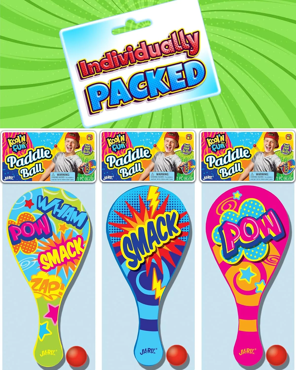 Kool N' Fun Plastic Paddle Ball w/ String Attached (6 Paddles) by JARU. Classic Retro Toys for Kids & Adults, Boy & Girl. Indoor Game and Outdoor Set Toys. Party Favors Birthday Easter Prizes 1994-6