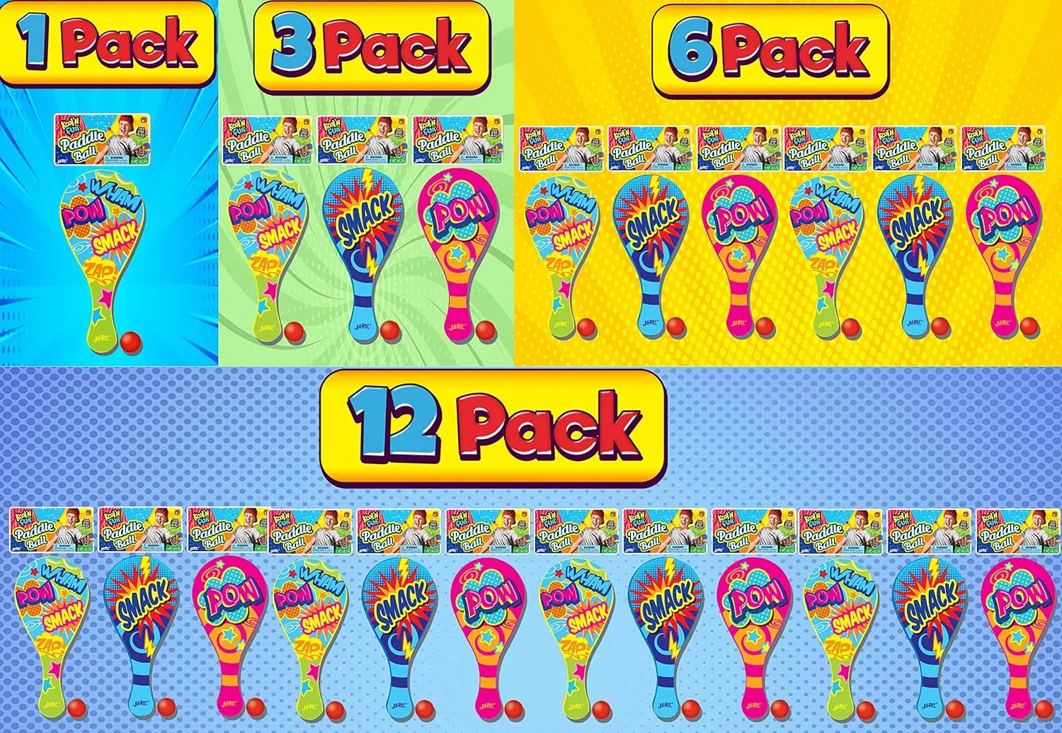 Kool N' Fun Plastic Paddle Ball w/ String Attached (6 Paddles) by JARU. Classic Retro Toys for Kids & Adults, Boy & Girl. Indoor Game and Outdoor Set Toys. Party Favors Birthday Easter Prizes 1994-6