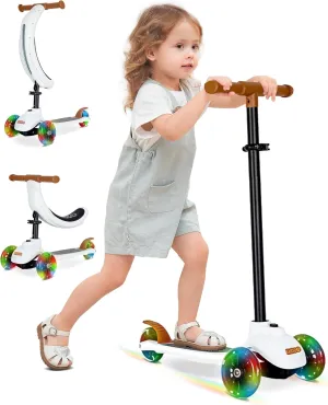 KRIDDO 3-in-1 Scooter for Kids Ages 1-5 Years Old, Folding Scooter with 3 Lighted Wheels, Wide Standing Board, Adjustable Height, Learn-to-Steer Handlebar, for Indoor and Outdoor