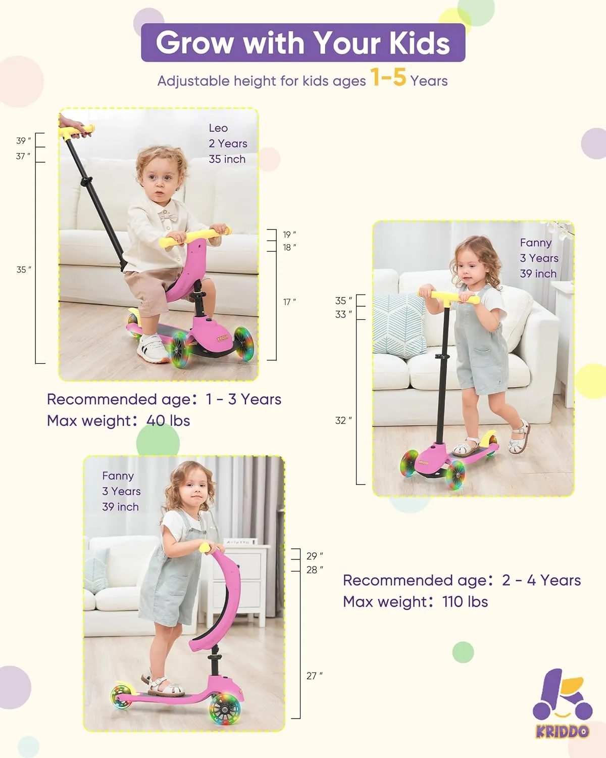 KRIDDO 3-in-1 Scooter for Kids Ages 1-5 Years Old, Folding Scooter with 3 Lighted Wheels, Wide Standing Board, Adjustable Height, Learn-to-Steer Handlebar, for Indoor and Outdoor