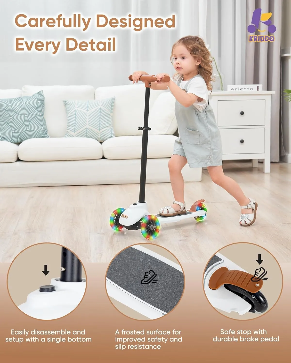 KRIDDO 3-in-1 Scooter for Kids Ages 1-5 Years Old, Folding Scooter with 3 Lighted Wheels, Wide Standing Board, Adjustable Height, Learn-to-Steer Handlebar, for Indoor and Outdoor