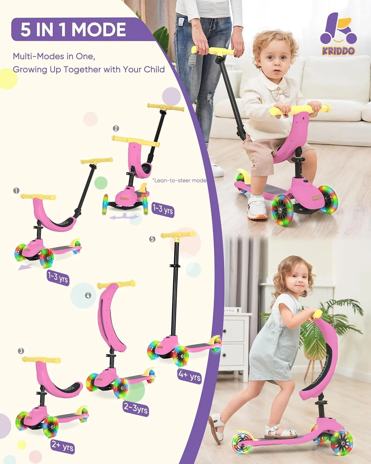KRIDDO 3-in-1 Scooter for Kids Ages 1-5 Years Old, Folding Scooter with 3 Lighted Wheels, Wide Standing Board, Adjustable Height, Learn-to-Steer Handlebar, for Indoor and Outdoor