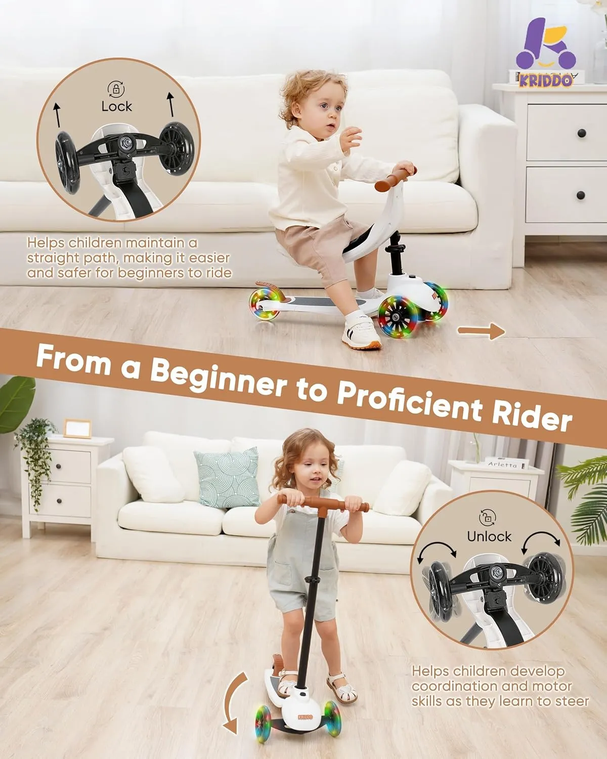 KRIDDO 3-in-1 Scooter for Kids Ages 1-5 Years Old, Folding Scooter with 3 Lighted Wheels, Wide Standing Board, Adjustable Height, Learn-to-Steer Handlebar, for Indoor and Outdoor