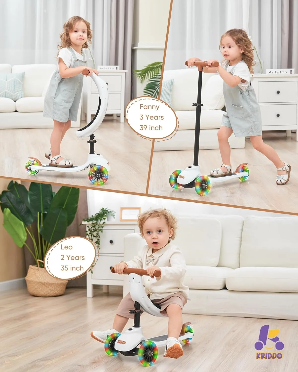 KRIDDO 3-in-1 Scooter for Kids Ages 1-5 Years Old, Folding Scooter with 3 Lighted Wheels, Wide Standing Board, Adjustable Height, Learn-to-Steer Handlebar, for Indoor and Outdoor