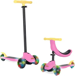 KRIDDO 3-in-1 Scooter for Kids Ages 1-5 Years Old, Folding Scooter with 3 Lighted Wheels, Wide Standing Board, Adjustable Height, Learn-to-Steer Handlebar, for Indoor and Outdoor