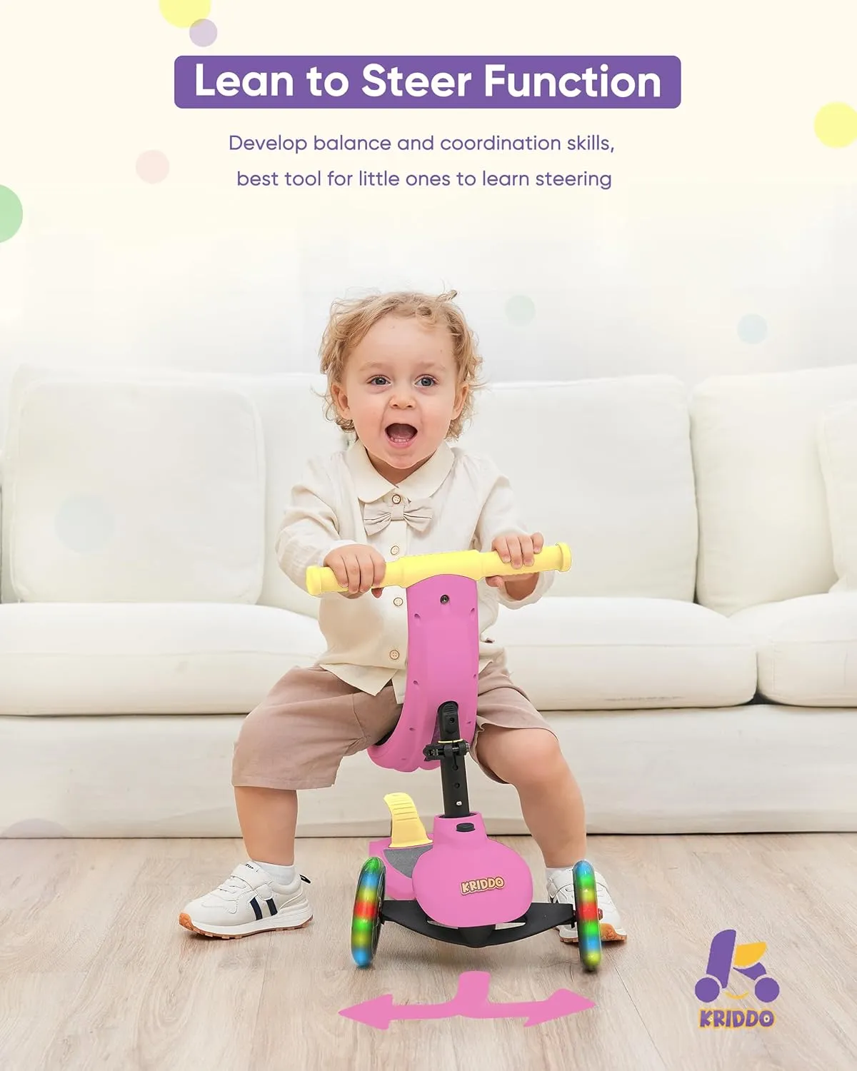 KRIDDO 3-in-1 Scooter for Kids Ages 1-5 Years Old, Folding Scooter with 3 Lighted Wheels, Wide Standing Board, Adjustable Height, Learn-to-Steer Handlebar, for Indoor and Outdoor