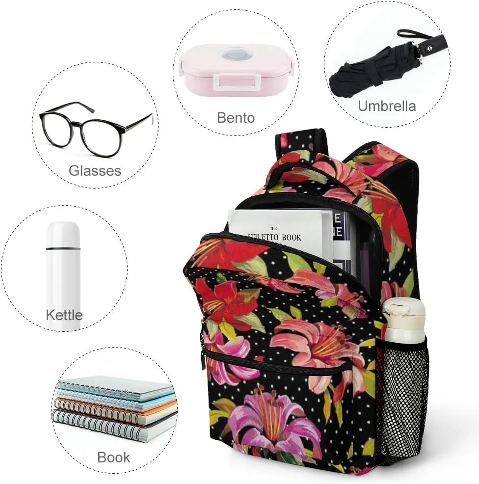 Kuizee Travel Laptop Backpack Business Daypack Work Bookbag Retro Lily Floral Polka Dot Dark Durable iPad Tablet School College Book Bags Casual Bags for Men and Women