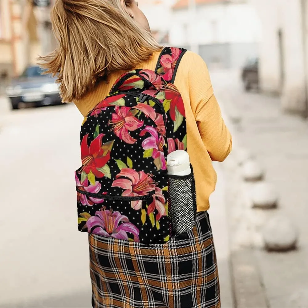 Kuizee Travel Laptop Backpack Business Daypack Work Bookbag Retro Lily Floral Polka Dot Dark Durable iPad Tablet School College Book Bags Casual Bags for Men and Women