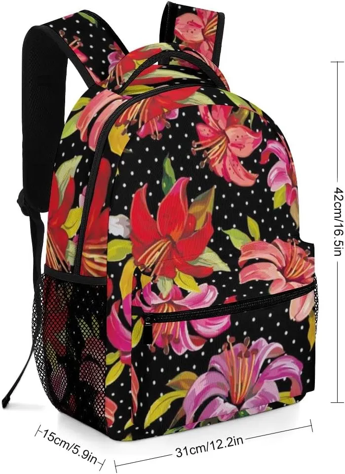 Kuizee Travel Laptop Backpack Business Daypack Work Bookbag Retro Lily Floral Polka Dot Dark Durable iPad Tablet School College Book Bags Casual Bags for Men and Women