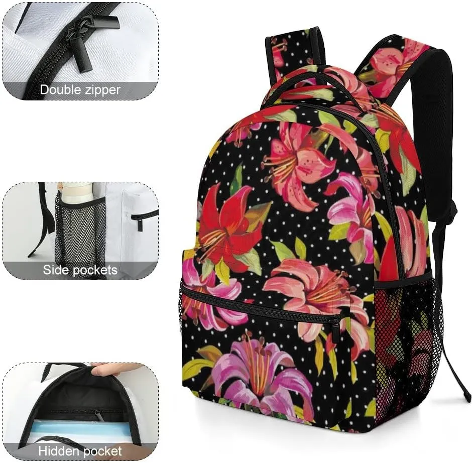Kuizee Travel Laptop Backpack Business Daypack Work Bookbag Retro Lily Floral Polka Dot Dark Durable iPad Tablet School College Book Bags Casual Bags for Men and Women